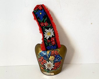 Alpine Cow Bell Brass with Embroidered Strap from Bavarian Alps Circa 1960s