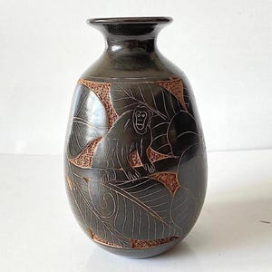 Vintage COSTA-RICAN POTTERY Vase Tropical Forest Wildlife In-Relief Signed