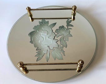 Vintage Hollywood Regency Mirrored Vanity Tray with Metal Handles and Etched Florals