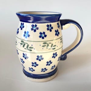 Vintage Boleslawiec Polish Pottery Oversized Bubble Mug: Hand Painted Blue Cornflower Pattern