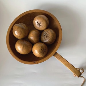 Vintage WOODEN FRUIT in BOWL Hand-Carved Rustic Decor