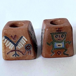 ヴィンテージペルー陶器キャンドルホルダー：受賞アーティストP.セミナリオのサイン入り