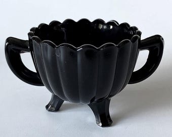 ヴィンテージ インペリアル グラス ブラックアメジスト オープンシュガーボウル、ピラーフルートパターン
