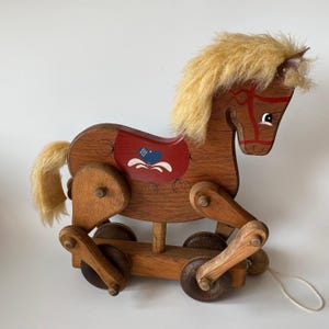 Vintage PULL ALONG HORSE Wooden Toy on Wheels Primitive Folk Art