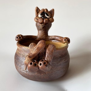 Vintage FIGURAL CAT BOWL or Indoor Planter Whimsical Artisan Pottery