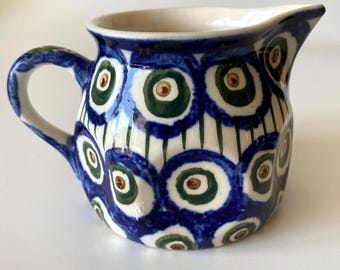 Vintage Ceramic Creamer: “Peacock Eye”, German Art Pottery, Hand Painted