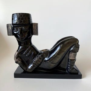 CHACMOOL Mesoamerican Obsidian Sculpture with Gold Sheen and Applied Silver Details Vintage
