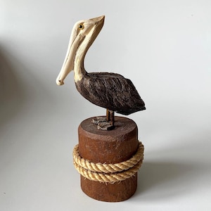 Vintage WOODEN PELICAN STATUETTE On Pedestal Hand Carved Collectible