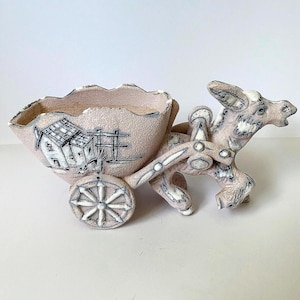 Italian Pottery Trinket Box or Succulent Planter Donkey with Cart Vintage