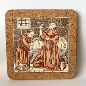PORTUGUESE CERAMIC TILE Decorative Trivet or Coaster in Cork Frame Vintage Scarce