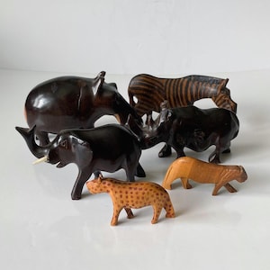 Collection of 6 African Safari Animals Hand Carved Ironwood Vintage