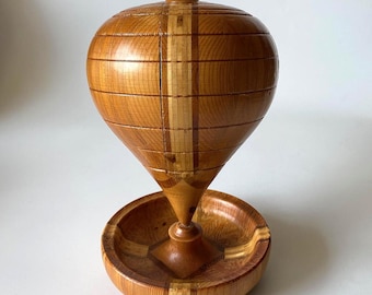 Vintage Wooden Decorative Trompo: Handmade, Marquetry Decorated, with Base