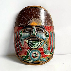 Vintage TERRACOTTA MEXICAN MASK Folk Art Hand-Painted Wall Decor