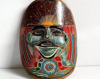Vintage TERRACOTTA MEXICAN MASK Folk Art Hand-Painted Wall Decor