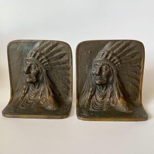 Antique Bronze INDIAN CHIEF BOOKENDS Set of 2 Busts In-Relief