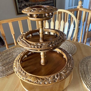Vintage Lazy Susan Monkey Pod: 3 Tier Serving Trays, Hand Carved, Mid Century