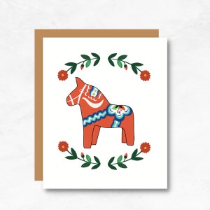 Confezione da 4 biglietti d'auguri Dala Horse, design di arte popolare svedese per compleanni, feste e appassionati nordici, set di biglietti scandinavi