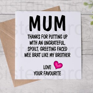 Biglietto per la festa della mamma - Biglietto per la mamma - Grazie per aver sopportato mio fratello - Biglietto divertente - Biglietto per la festa della mamma - Biglietto personalizzato - Biglietto di auguri