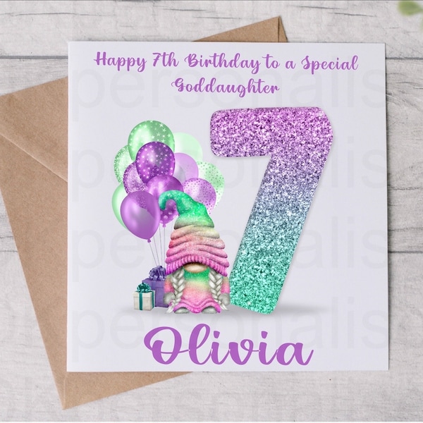 Carte de voeux personnalisée pour enfants filles 7e 8e 9e anniversaire violet Gonk fille nièce petite-fille filleule carte d'anniversaire cadeau