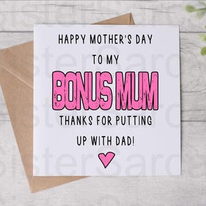 Moederdagkaart - grappige kaart voor stiefmoeder - bonusmoeder bedankt dat je het met mijn vader hebt uitgehouden - Gepersonaliseerde kaart - Wenskaart - Moederdag
