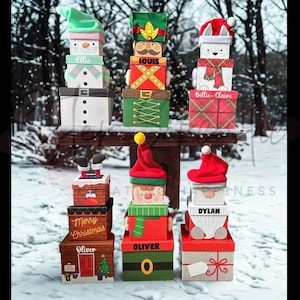 Christmas Personalised Customised Stacking Gift Boxes | Reindeer Santa Elf Snowman | Novelty Gift Wrapping | Christmas Eve Box Secret Santa
