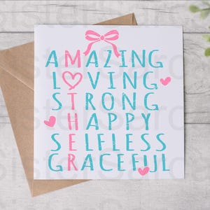 Mother’s Day Card - Card For Mum - Amazing, Loving, Strong, Happy - Mothers Day - Personalised Card - Greeting Card - Birthday Card