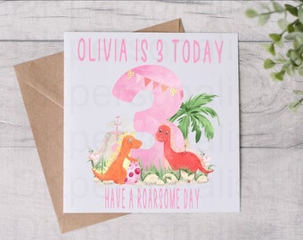 Personalised Kids 3rd 4th 5th Birthday Greetings Card Pink Dinosaur Dinosaurs Daughter Niece Granddaughter Birthday Card Gift