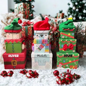 Scatole regalo impilabili personalizzate di Natale / Renna, Babbo Natale, Elfo, Pupazzo di neve / Confezioni regalo originali / Scatola della vigilia di Natale, Babbo Natale segreto