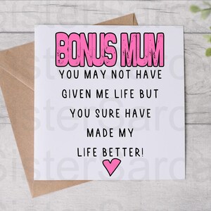 Moederdagkaart - kaart voor stiefmoeder - Bonusmama heeft mijn leven verbeterd - Verjaardagskaart - Gepersonaliseerde kaart - Wenskaart - Moederdag
