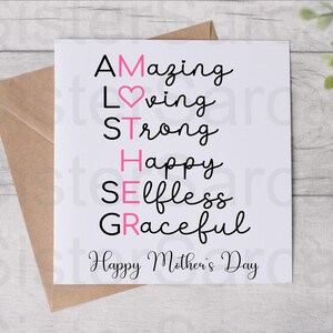 Mother’s Day Card - Card For Mum - Amazing, Loving, Strong, Happy - Mothers Day - Personalised Card - Greeting Card - Birthday Card