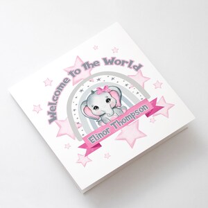 Personalised New Baby Girl Card, Welcome To The World Baby Girls Greetings Card, Newborn Gift, New Baby Girl Card, Keepsake Elephant,
