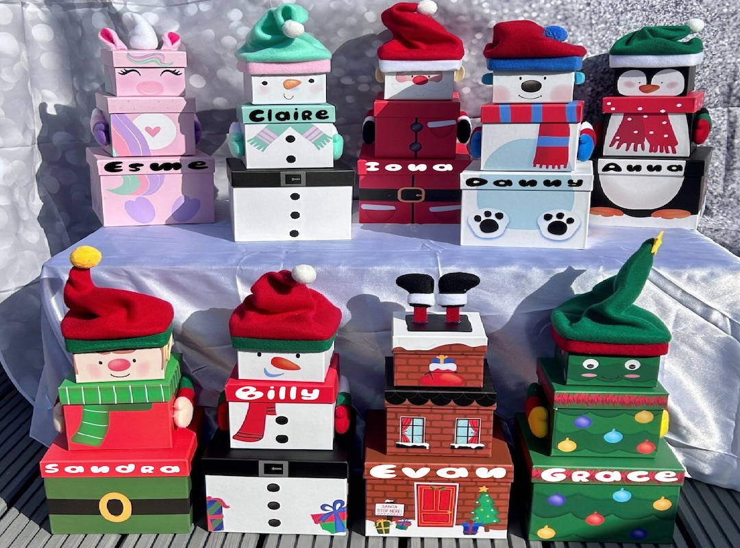 Christmas Personalised Customised Stacking Gift Boxes Reindeer Santa Elf Snowman Novelty Gift