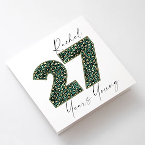 Gepersonaliseerde 16e 18e 21e 30e 40e 50e verjaardag wenskaart, groene & gouden luipaard print verjaardagskaart, voor mama mijlpaal verjaardag