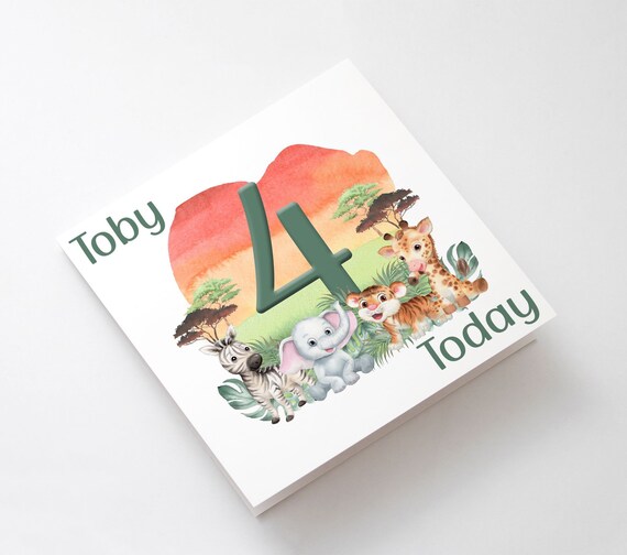 Personalised 4th Birthday Card, Fourth Birthday Card, Safari Jungle 4th Birthday Card, Grandson, Son, Daughter, Granddaughter, Niece, Nephew