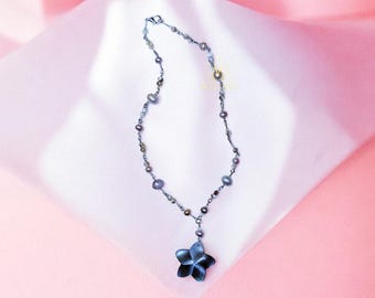 Handmade Pearl Necklace with Mother of Pearl Hand Carved Flower Pendant