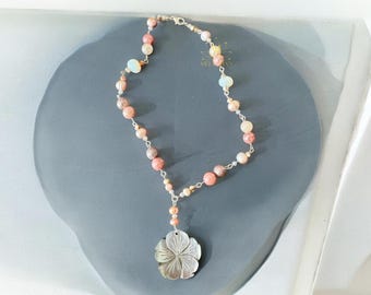 Handmade Sunstone Gemstone Pearl Necklace with Mother of Pearl Hand Carved Flower Pendant