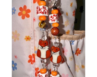 Handmade Ceramic Fox Tiger’s Eye and Orange Agate Keychain Charm