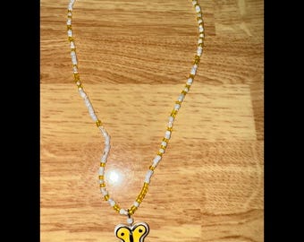 Handmade Beaded Necklace with Ceramic Butterfly Pendant