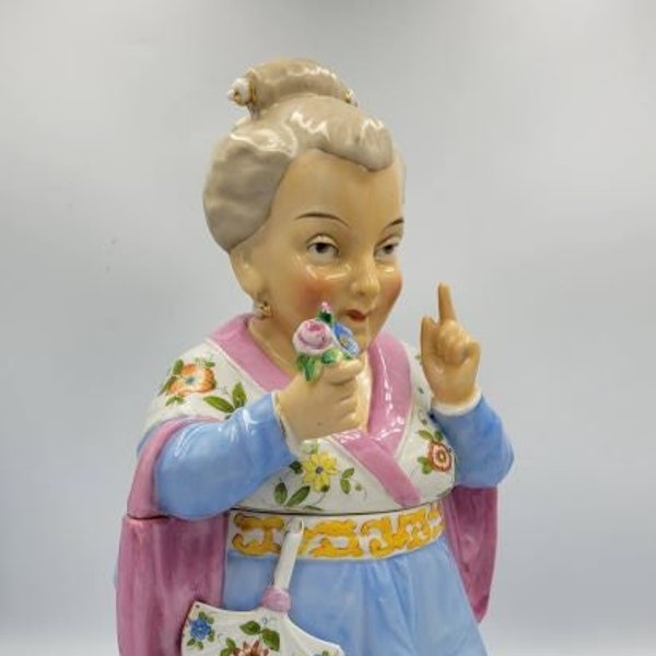 Vintage Old Japan Granny in Blue Kimono Cookie Jar. Japan.Asian Oriental Geishas Japanese Jar.@BendisCollectibles