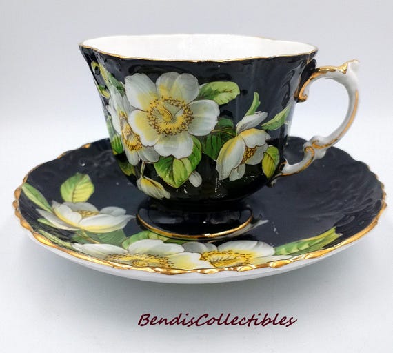 Vintage Aynsley Black Magnolia Cup & Saucer – Quatrefoil Fluted