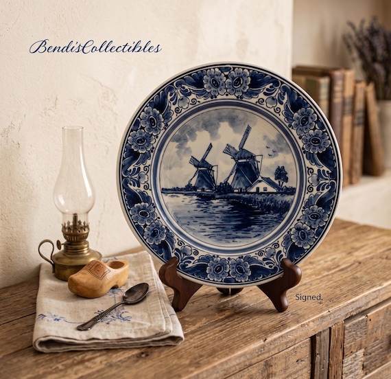 Vintage Delft Blauw Wall Plate, Blue and White Dutch Windmill