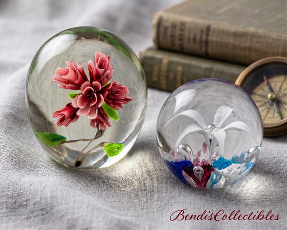 Vintage Floral Glass Paperweight, Murano Style Encased Rose Flower Art Glass Sphere, Botanical Gift, Desk Decor. @BendisCollectibles