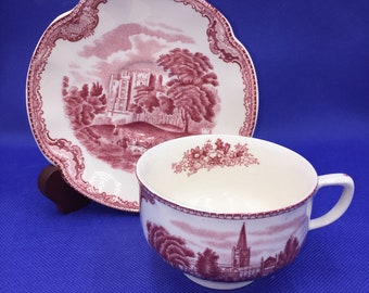 Antique Old Britain Castles Cup and Saucer. Warwick Castle, England. White Red Pink.Johnson Bros. @BendisCollectibles