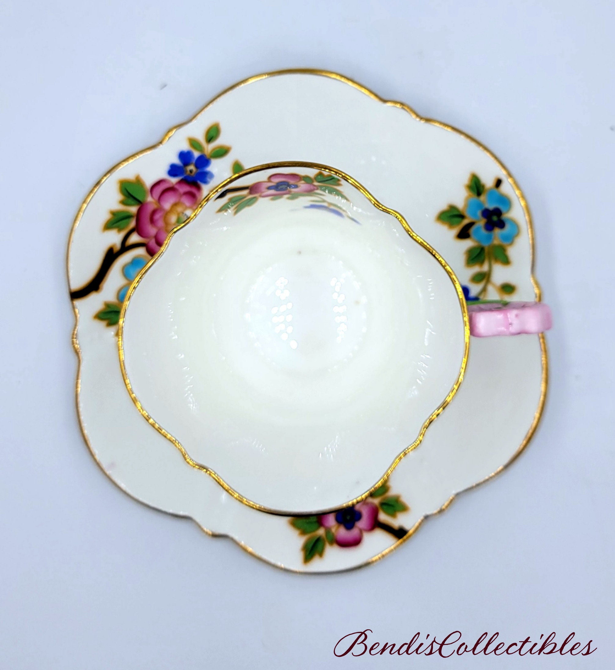 Vintage RARE Aynsley Pink Flower Handle Teacup and Saucer. Woodland