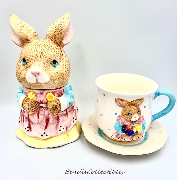 Vintage Battat Bunny Tea Set-cups W Saucers & Lidded Sugar Bowl