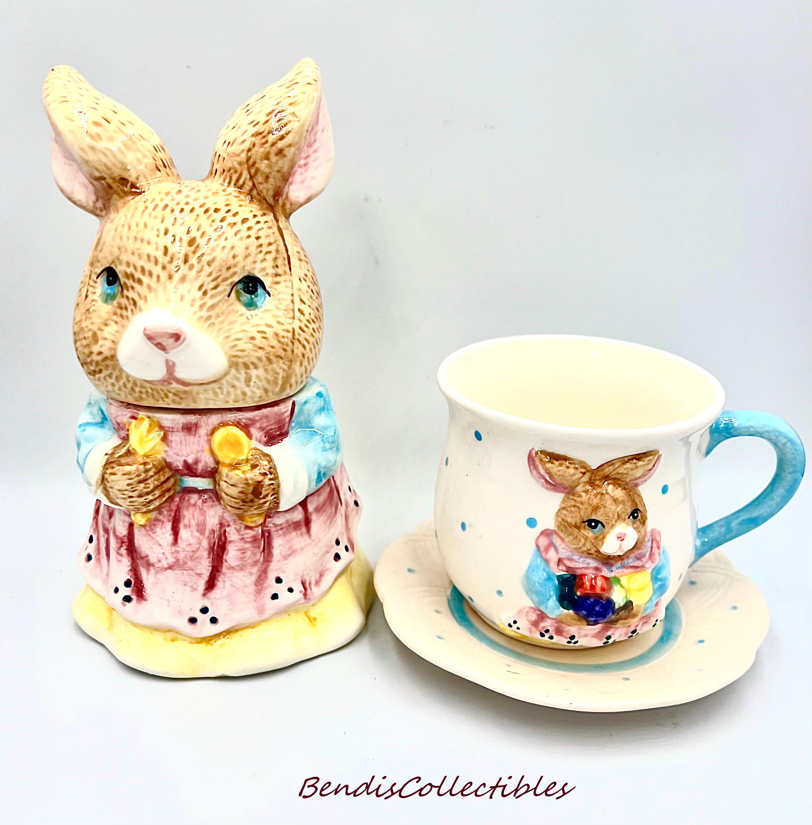 Vintage Battat Bunny Tea Set-cups W Saucers & Lidded Sugar Bowl