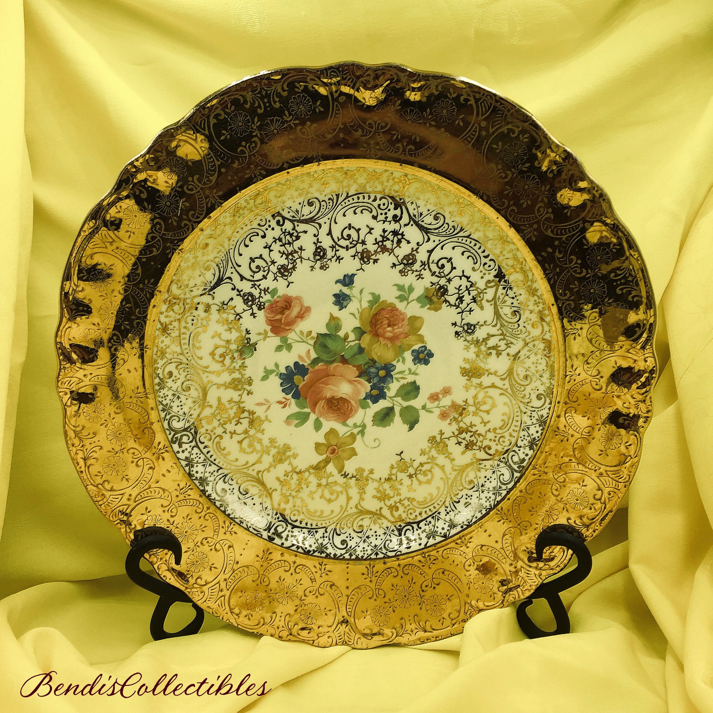 Vintage Pacific 22K Gold Plate: Floral Gilded Rim, 10