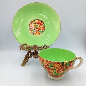 Vintage Royal Leighton Ware Footed Tea Cup and Saucer - Hand-Painted Floral Pattern - England - English Pottery. @BendisCollectibles