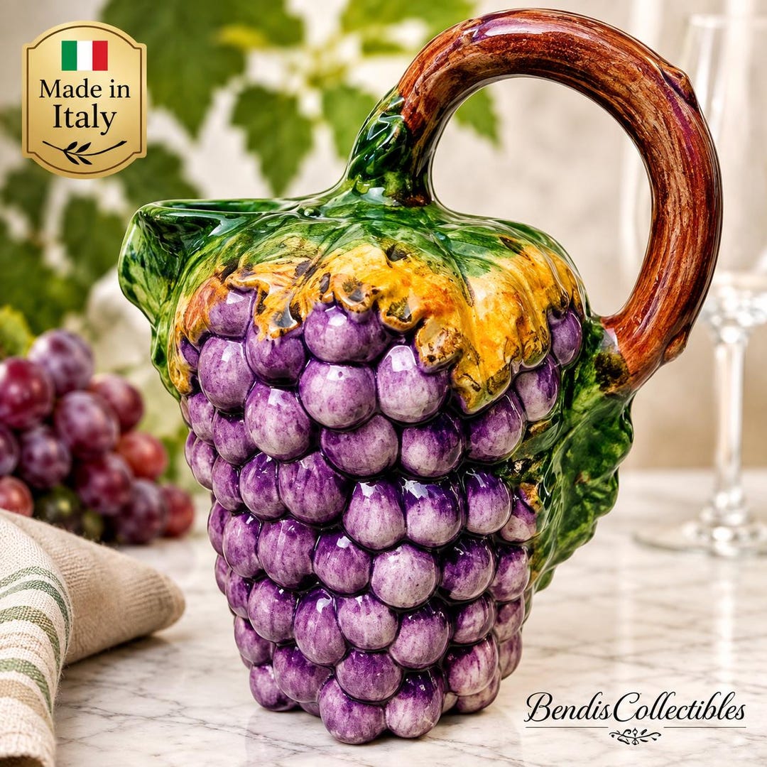 Vintage Bassano Majolica Grape Pitcher, Hand Painted Italy