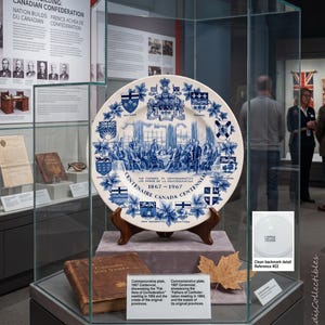 May include: A white ceramic commemorative plate featuring blue illustrations of the Fathers of Confederation, the Canadian coat of arms, and provincial crests. The text reads The Fathers of Confederation 1867-1967 Centenaire Canada Centennial.